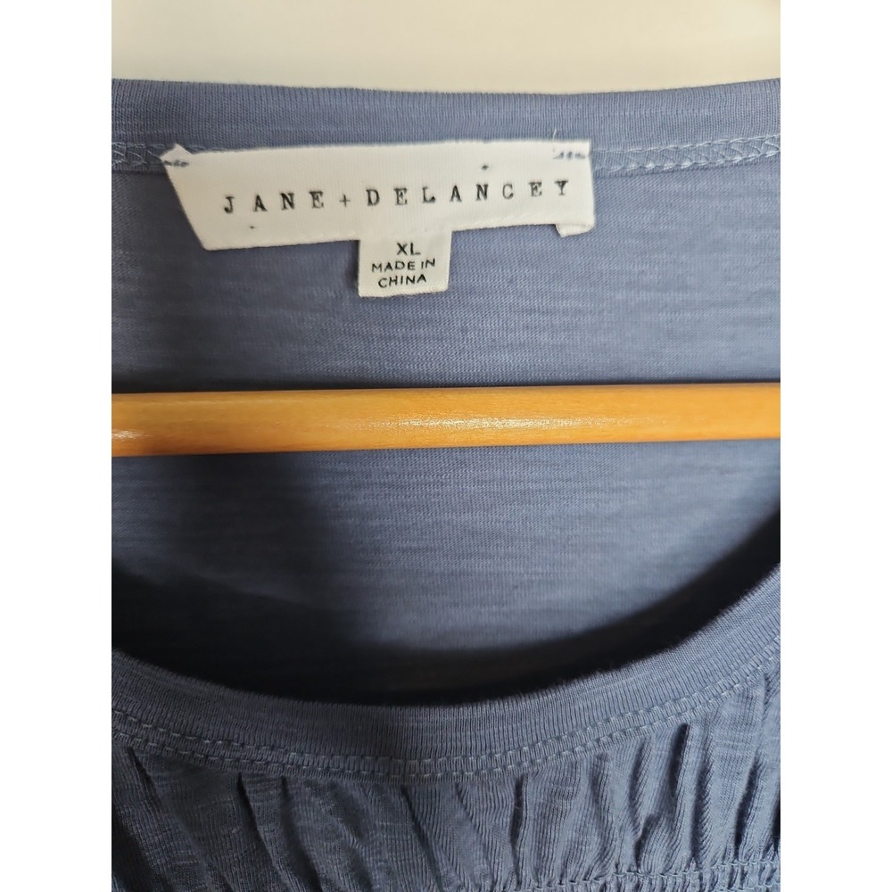 Jane + Delancey Blouse XL Blue Gray Puff Sleeve Smocked Cotton Coastal Boho Chic - Picture 5 of 14
